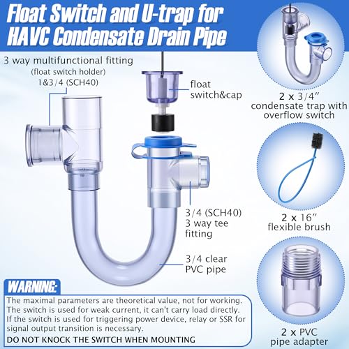 Image of Feekoon 2 Pack Condensate Trap with Built in Overflow Switch, 3 /4 inch Standard PVC U Trap for HVAC System, Air Conditioner, Smart Drain Kit for Condensate Overflow Detection, with Cleaning Brush (Clear)