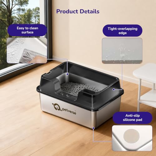 Image of Petverse Stainless Steel Cat Litter Box [60x40x22cm] Extra Large Metal Cat Litter Tray with Scoop | Non-Stick,Odour Resistant & Easy to Clean | Durable Leak-Resistant Litter Box for Indoor Cats