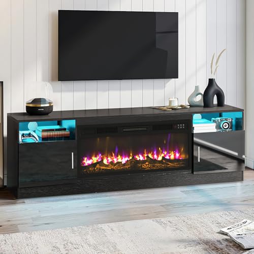 PUKAMI 70“ Fireplace TV Stand with 36' Electric Fireplace for TVs Up to 80', LED Light Entertainment Center with Highlight Storage Cabinet, Modern Wood Media TV Console for Living Room, Black