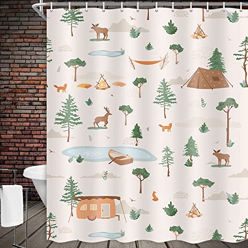 Image of Boziqr Camper RV Shower Curtain Travel Trailer Bathroom Accessories Wild Life Deer Moose Forest Decor Camping Shower Stall Curtains 70x72 Inches (Beige)