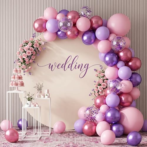 Image of RUBFAC Pink Purple Balloon Garland Arch Kit 129pcs Different Sizes Pack of 18 12 10 5 Inch, Latex Metallic Confetti Lavender Purple Pastel Pink Balloon Garland Arch Kit for Birthday Wedding