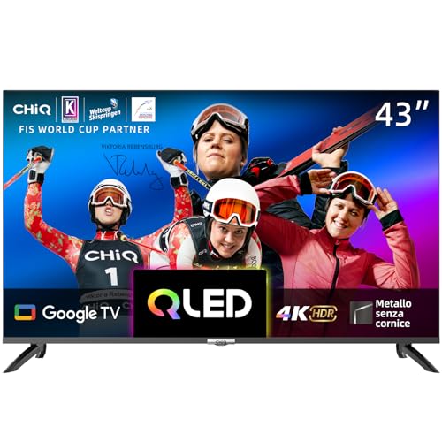 CHiQ Smart TV QLED 43 pollici 4K, Ampio spettro cromatico UHD con HDR, telecomando a controllo vocale, Chromecast integrato, Dolby Audio, DBX-TV, Bluetooth 5.0, Wi-Fi Dual Band