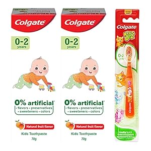 Colgate Kids Cavity Protection Toothpaste for 0-2 Years, 140g (70g x 2), Natural Fruit Flavour, 0% Artificial substances, SLS Free, Fluoride Free with Kids Extra Soft Toothbrush (1 pc) (0- 24 months)