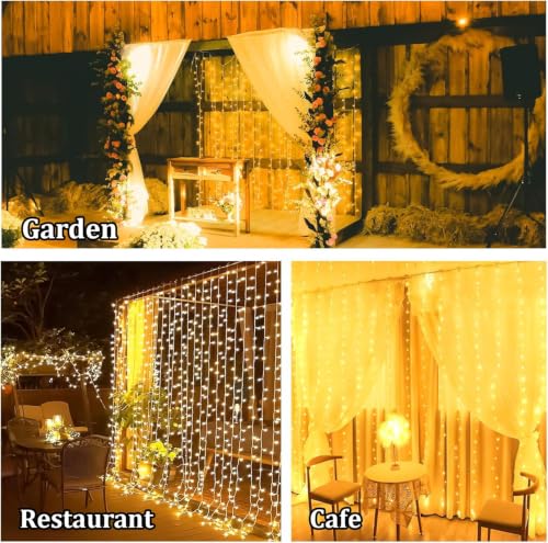 Image of MPROW Plastic Fairy Curtain String Lights for Wall Decoration, Warm White USB Powered 300 LED's, 8 Flashing Modes, Window Backdrop Strip Lights for Bedroom, Party, Diwali, Christmas - 3x3 Meter