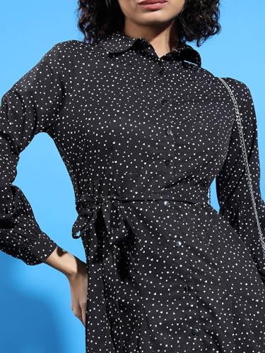 Image of Tokyo Talkies Black & White Polka Dot Printed Cuffed Sleeves Shirt Dress