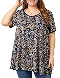 OVERWORETY Short Sleeve Plus Size Tunics for Women Loose Casual Swing Paisley Tops Flowy T-Shirts(Navy Blue,5X)