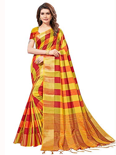 Image of AKHILAM Women's Checkered Solid Art Silk Saree with Unstitched Blouse Piece(Yellow PTRCX01G)
