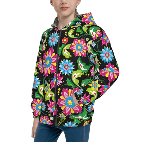 Vector Mexican Otomi Style Bright Kids Pullover Hoodies Boys Zip Up Sweatshirts Girls Athletic Clothes with Pocket