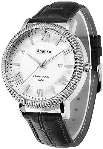 Herrenuhr Täglich wasserdichtes rundes Zifferblatt Plexiglas Spiegel Lederband Edelstahl Business Quarzuhr