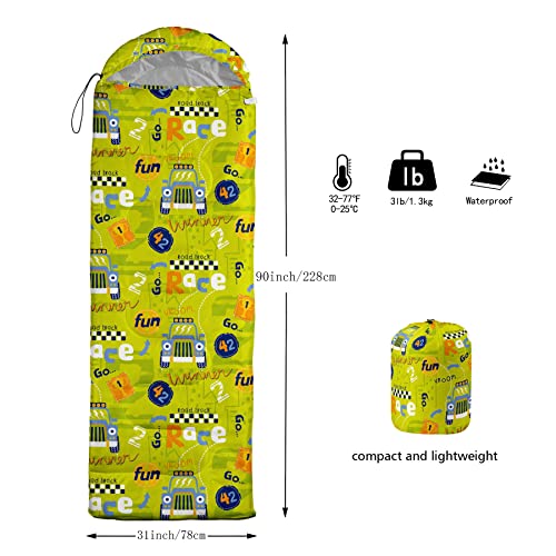 Bolsa de dormir para niños AGANS Kids con estampado de coche de carreras, ligera, cálida, impermeable y resistente al frío para camping y senderismo miniatura 3