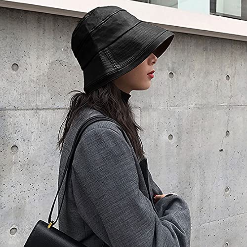 Felite Fnn Women Wide Brim Fall Winter Pu Leather Bucket Hat Waterproof Fishermen Cap Black #TOP1