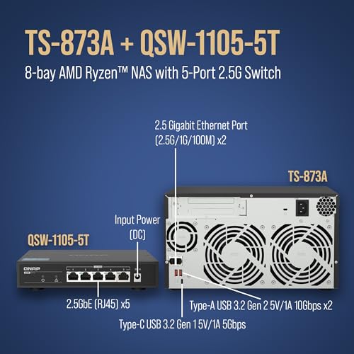 Image of QNAP TS-873A 8-Bay AMD Ryzen Quad-Core 2.5GbE NAS with QSW-1105-5T 5-Port 2.5GbE Unmanaged Switch (TS-873A-SW5T-US)