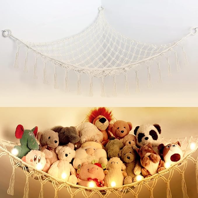 Stuffed Animal Hammock Corner with Lights – Handcrafted 100% Cotton Macrame Plush Toy Storage Net, Heavy-Duty 4mm Wall Organizer for Kids Room Nursery Décor-image-31