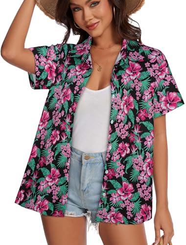 Image of Women Hawaiian Shirt Button Down Summer Tops Beach Short Sleeve Blouse