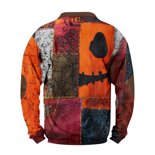 Halloween Spooky Face Patchwork Print Sweater Pumpkin Face Sweatshirt for Men Quarter Zip Pullover2