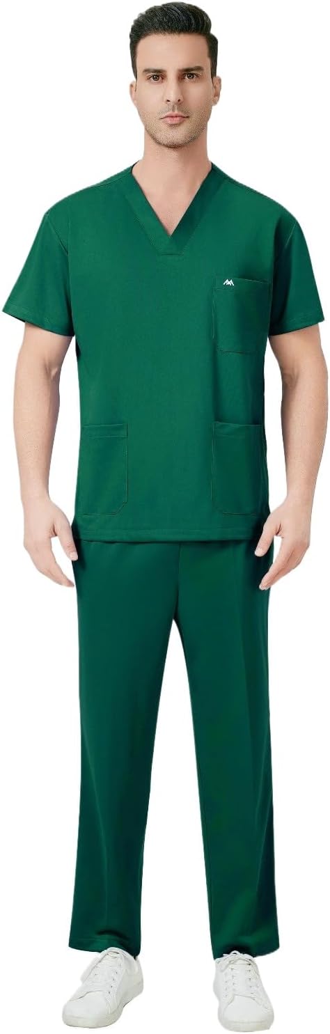 Soft Knit Stretch Scrubs Set for Men&Women Medical Uniform Top and Pant-Static free V-Neck 5/7 pockets