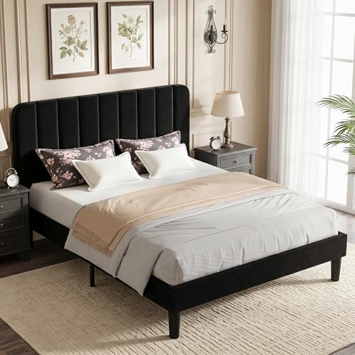 Image of VECELO Full Size Bed Frame with Upholstered Headboard, Velvet Platform Bedframe Mattress Foundation, Strong Wood Slat Support, No Box Spring Needed,Black