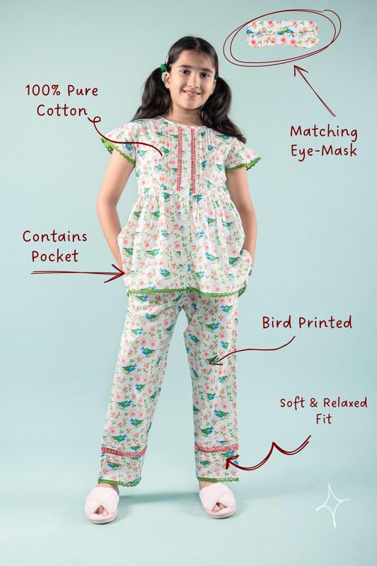 Image of Tweeny Mini Girls Kids Pure Cotton Nightsuit | Nightwear | Sleepwear | Nightdress with Pajama and Halfsleeve Top Cute Butterfly Printed with Eye Mask