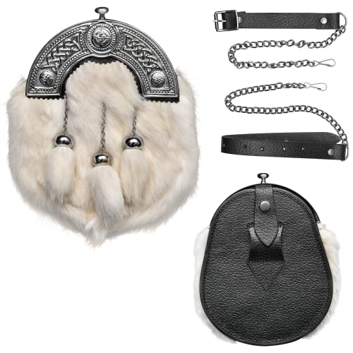 H HIGHLAND REDSTONE Sporran Kilt for Men Premium Fur Full Dress Scottish kilt Sporrans for men with Chain Belt Kilt Accessories (White Rabbit fur)