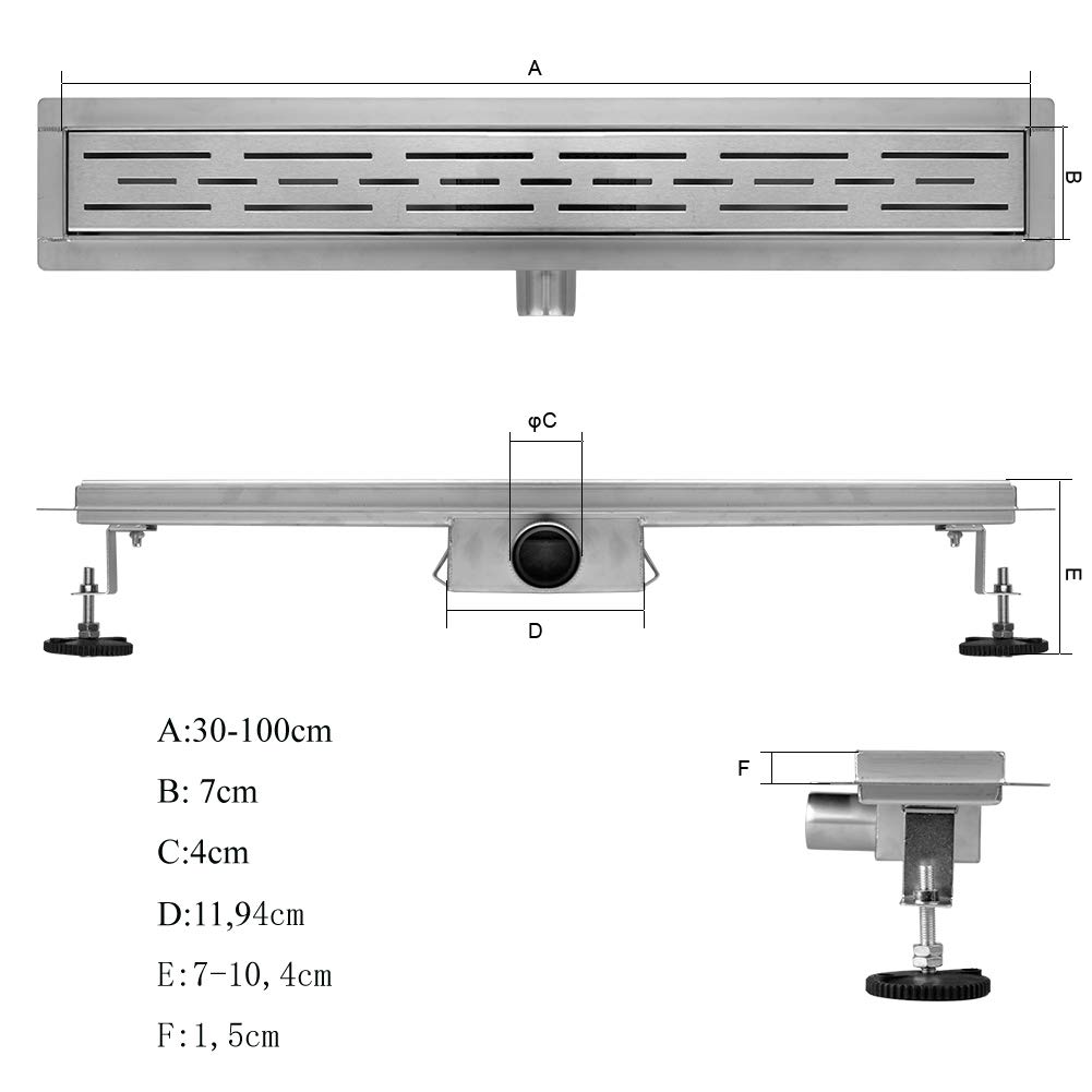 Desagüe de Ducha 80cm,2 en 1,360°Canaleta de desagüe de Acero Inoxidable 50cm Extremadamente Plano- Rejilla de Ducha de desagüe de Suelo de baño de Acero Inoxidable baño Largo Invisible