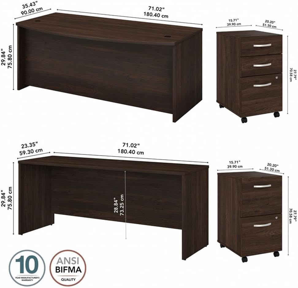 BOWERY HILL 72W Desk Set, Bow Front and Credenza Desks with File Cabinets, Engineered Wood, Black Walnut Finish, Spacious Worktop, Locking Drawers, Durable Office Furniture for Home or Workspace