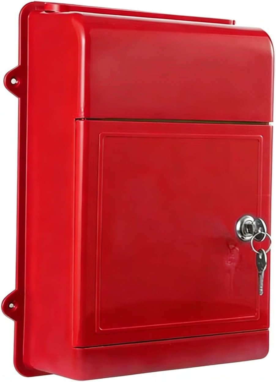Plastic Mailbox, Wall Mount Mailbox with Lock and Key, Easy to Install, Curbside Mailbox for House Apartments and Bussiness After Hours Deposits(Red)