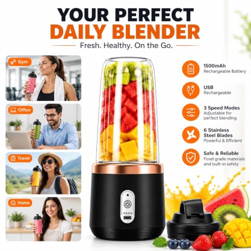 Image of Portable Blender USB Rechargeable Personal Juicer Mixer | 6 Stainless Steel Blades | 3 Speed Modes | 1500mAh Battery | Mini Smoothie Maker for Shakes, Juice & Protein Drinks | Assorted Color