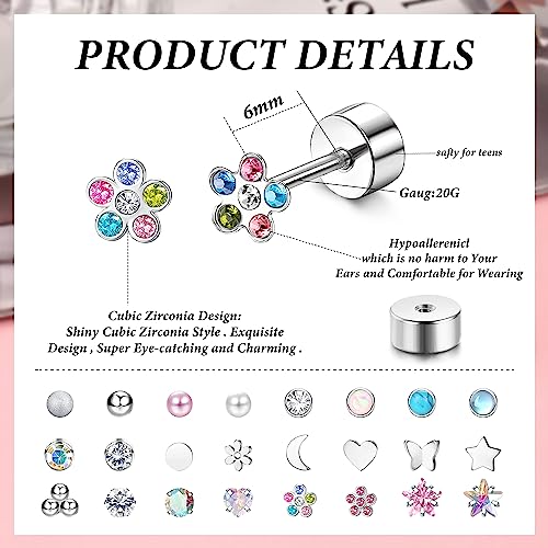 LOYALLOOK 24Pairs Screw Back Earrings Stud for Girls Women Surgical Steel Hypoallergenic Cartilage Stud Earrings Tiny CZ Screwback Flat Back Stud Earrings Set Piercing Jewelry Multicolored 20G3