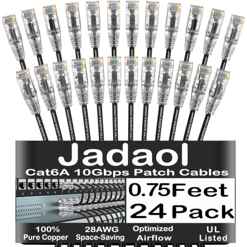 Jadaol [UL Listed] Cat6A Patch Cables 0.75FT (24Pack) 10Gbps 550MHz Black