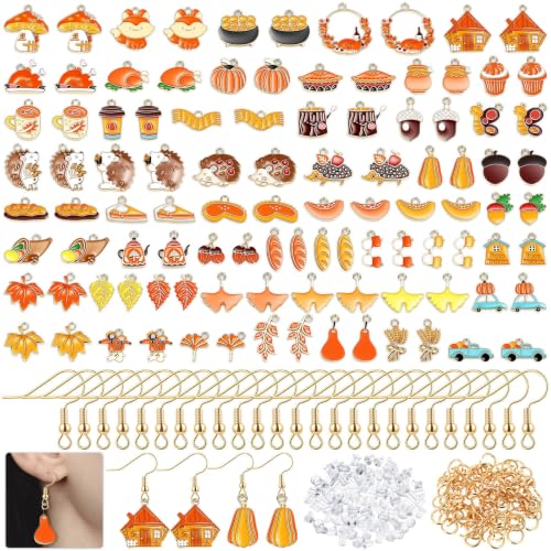 Flasoo 400 Pcs Fall Charms Earrings Making Kit Including Charms Earring Hooks Earring Backs Jump Rings for Fall and Thanksgiving Jewelry Making