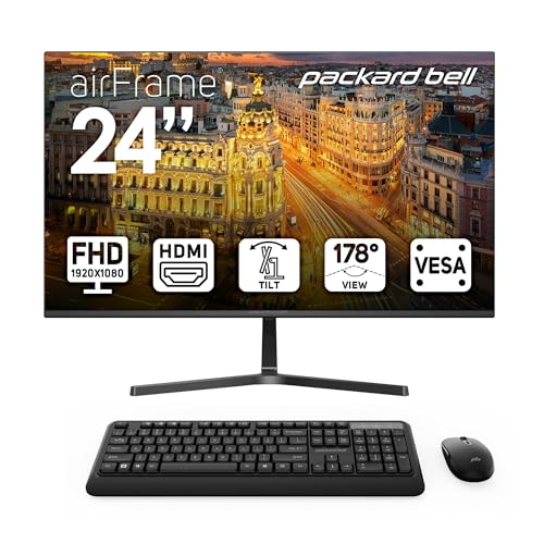 Packard Bell 24 Inch FHD 1920 x 1080 Computer Monitors + Wireless Keyboard & Mouse Bundle, Ultrawide Display, VESA Mount Compatible, Tilt Adjustment, VGA and HDMI Connectivity, Slim Bezel Design