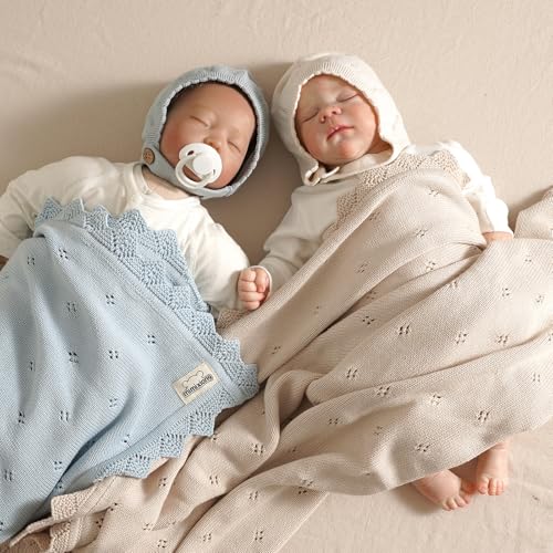 Image of mimixiong Cotton Baby Blanket Knitted Crochet Receiving Crib | Nursery Swaddling Blankets for Newborn Baby Boy Girl LightBlue 30x40 Inch