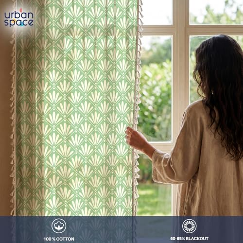 Image of Urban Space Boho Decorative Curtain for Long Door, 100% Cotton Curtain 8 Feet Long, 1 piece Curtain with Tassels, 60-65% Room Darkening with Tieback and Eyelets (Amaya Sage Green, 8 Feet)