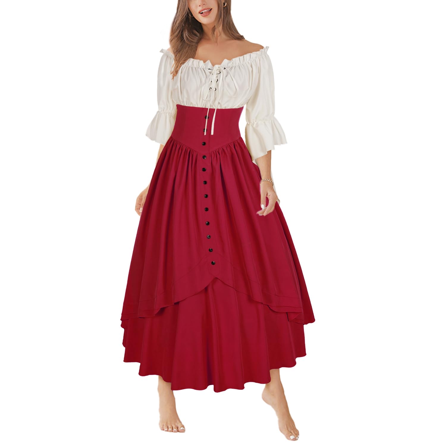 Mingyuezai Women Renaissance Costume Medieval Victorian High Waisted Button Skirt Set