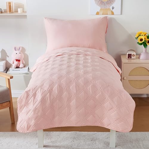 4 Piece Toddler Bedding Set for Girls Pink Geometric Stitched Soft Microfiber Crib Bed Sheets Set Lightweight Quilted Comforter Set for Baby | Include Comforter, Flat Sheet, Fitted Sheet, Pillowcase