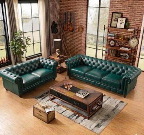 Image of A to Z Furniture Classic Sofa Set Luxury Chesterfield Leatherette Sofa in for Home Living Room & Office (3+2+1=6 Seater Sofa Teal-Green)