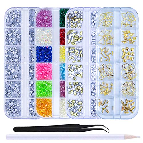 WOKOTO 4Pcs/Set Nail Charms Nail Art Rhinestones Decoration Kit With Metal Studs Ab Rhinestones For Nails Pearls And Tweezers And Rhinestone Picker Pencil