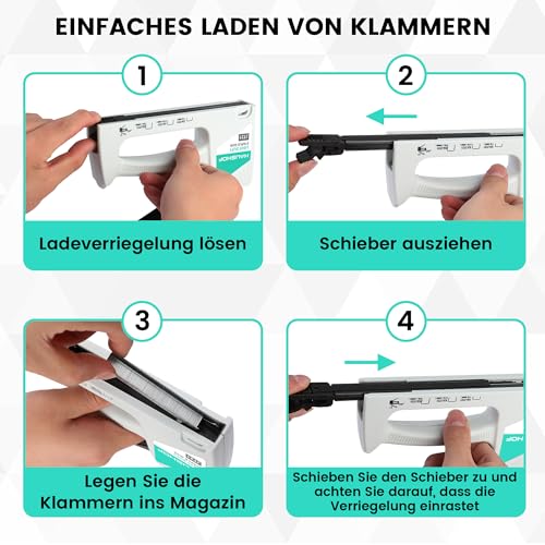 HAUSHOF Handtacker Tackerpistole Polsterung Heftpistole Holztacker für Klammern Typ 53, mit 800 Klammern 8mm und Klammerentferner für Holz, Stoff, Möbel