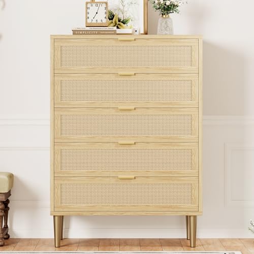 GarveeHome Rattan 5 Drawer Dresser, 44'' Tall Narrow Chest of Drawer, Farmhouse Wooden Vertical Dresser with Metal Legs and Handles, Modern Cabinet for Bedroom, Living Room, Oak