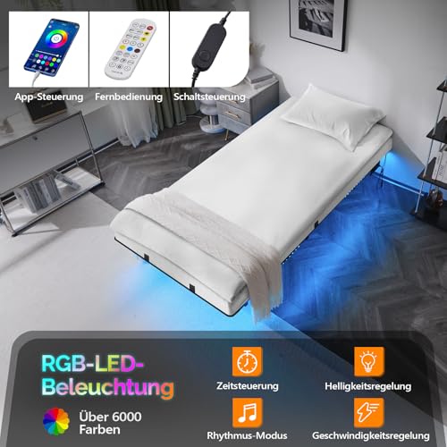 Bonnlo Bettgestell 90x200 cm mit Lattenrost, Bett 90x200 cm mit LED Beleuchtung, Metallbett Robust, Schwebenbett mit 36 cm Höhe schwarz (ohne matratze)