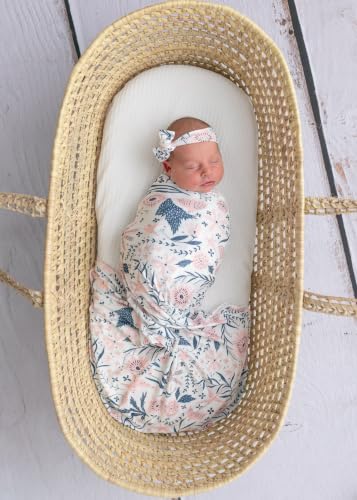 Image of Newborn Baby Swaddle Sets with Headband Blue and Pink | Baby Grils Receiving Blanket with Name Card Stretch Wrap