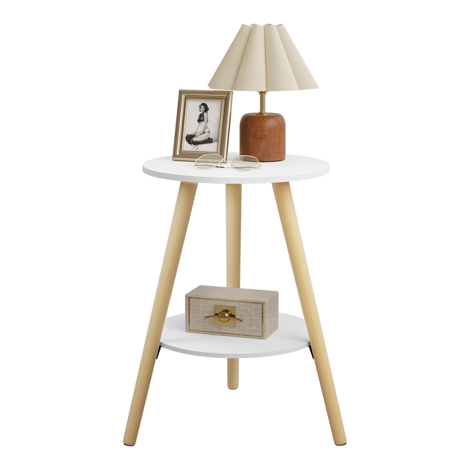 EUGAD Tavolino da Salotto a 2 Ripiani, Tavolino Rotondo, con Gambe in Legno Massiccio, per Camera da Letto, Soggiorno, in MDF, 38x38x55 cm