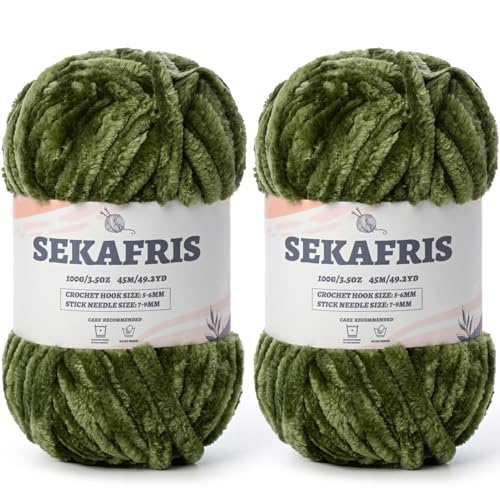 Image of Fuzzy Chunky Chenille Yarn for Crocheting,Soft Plush Yarns for Hand Knitting,Bulky 2x100g(2x49.2 yd) Baby Blanket Yarn for Crocheting Amigurumi,Crochet Fluffy Velvet Yarns (2 Army Green)