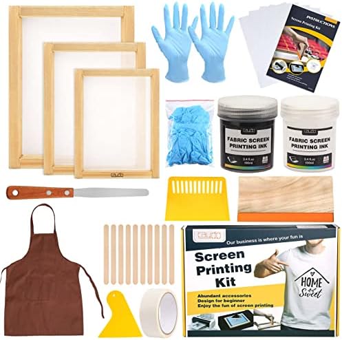 Caydo 32 PCS Screen Printing kit Include Fabric Screen Printing Ink, 3 Size of Silk Screen Printing Frame, Screen Printing Squeegees, Inkjet Transparency Film, Ink Knife, and Mask Tape