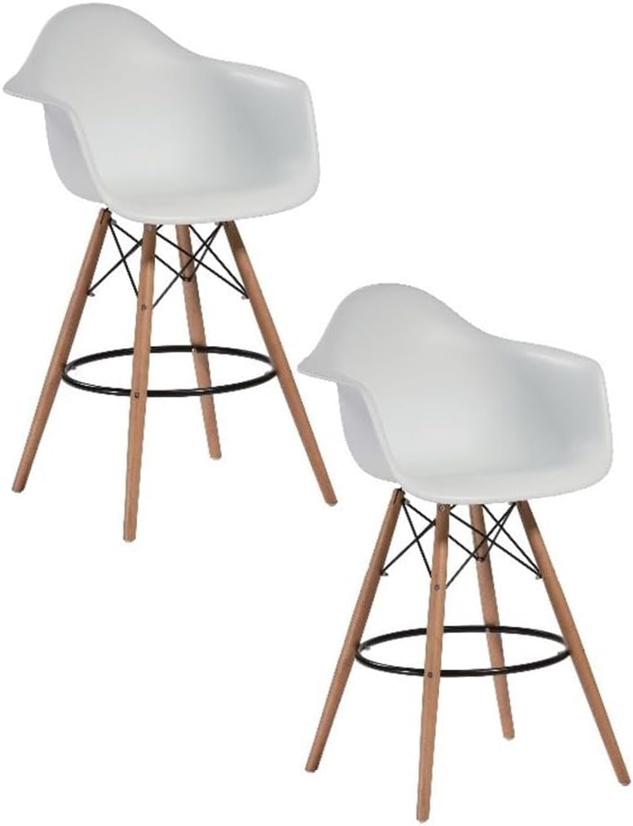 Pemberly Row Contemporary Bar Stools, White Polypropylene Resin Seats, Wooden Legs with Steel Accents, Set of 2, Modern Style Bar Seating for Kitchen or Home Bar Use
