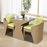 3 Piece Patio Furniture Bistro Set 2 Rattan Chairs 1 Tempered Glass Table, Folding Outdoor Patio Fur