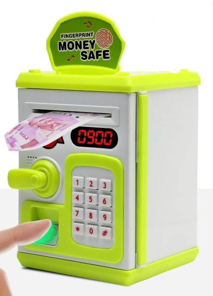 Image of Piggy Bank Toy for Kids and Adults - Gullak Money Safe with Number Password and Touch Sensor - Money Saving Mini ATM Toy with Lights and Sound (Green -White)