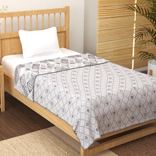 Image of Story@Home AC Quilted Queen Size Cotton 100%| 150GSM 144x220 CM Quilt AC Blanket for Summer | AC Comforter Single Bed| White & Pale Mauve, Abstract & Motif Reversible Design Duvet | All-Season Blanket