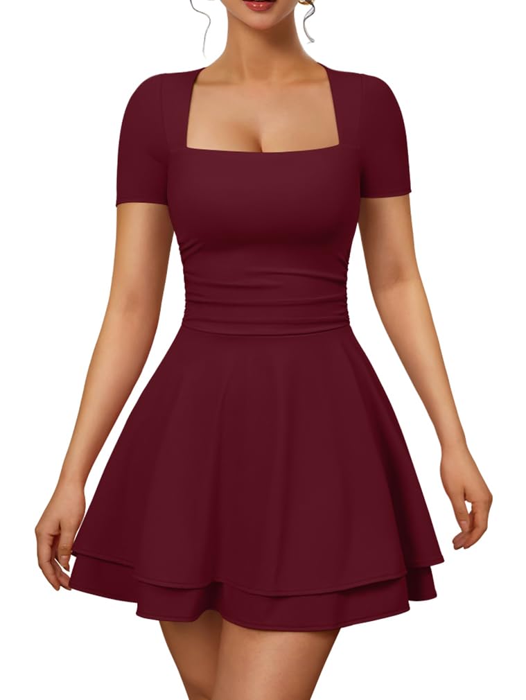 XXTAXN Womens Sexy Square Neck Short Sleeve Flowy Club Mini Dress | Ruched Tiered, Ruffle Hem,Party Cocktail Birthday,Graduation Homecoming,Wedding Guest.Vacation Valentines Halloween, Church