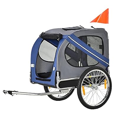 PawHut Folding Dog Bike Trailer Pet Cart Carrier for Bicycle Travel in Steel Frame - Blue & Grey